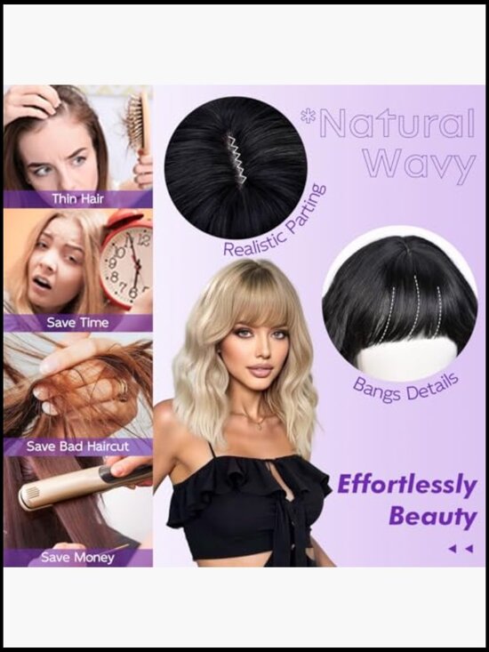 Short Wavy Wig with Bangs Natural Look Synthetic Hair Full Head Cap 14inch main image 6